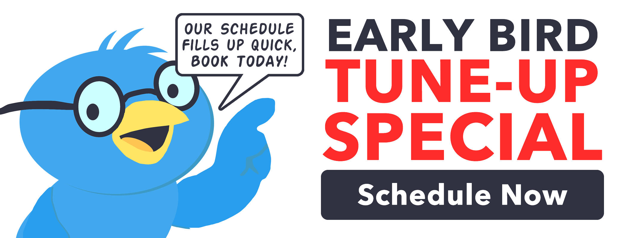 Book your Tune-Ups early to guarantee a good spot. We get bombarded with requests in September. Do not wait, lock in a time you want now! $35 OFF Early Bird Tune-Up Special.