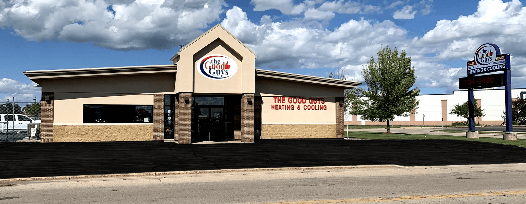 A photo of our current office at 4450 W Greenville Drive Appleton, WI. Featuring our new logo for The Good Guys. We love our location. It's great for customers, as well as our technicians.